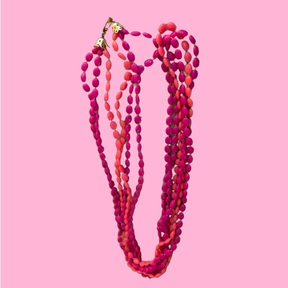 Vintage Six Strand Opera Length Necklace w/ Pink & Lavender Beads